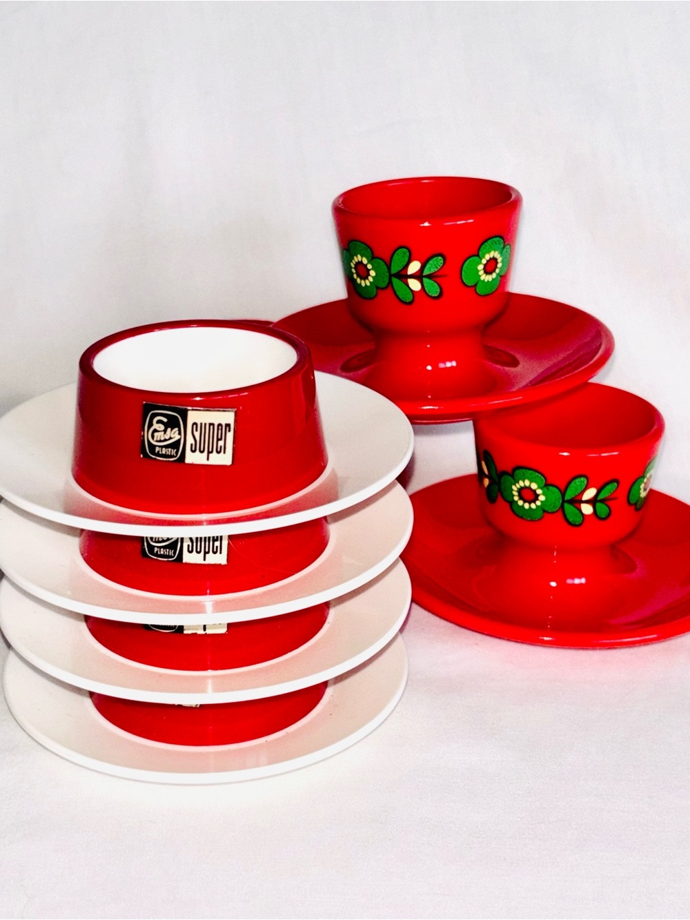Vintage EMSA Egg Cup Lot W Germany Red Plastic Mid Century Modern 7 Pieces MCM